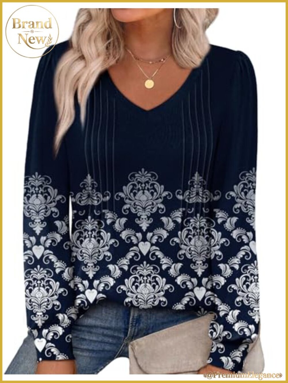 Pleated Long Sleeve V-Neck Blouse Women Floral Print Tunic Top